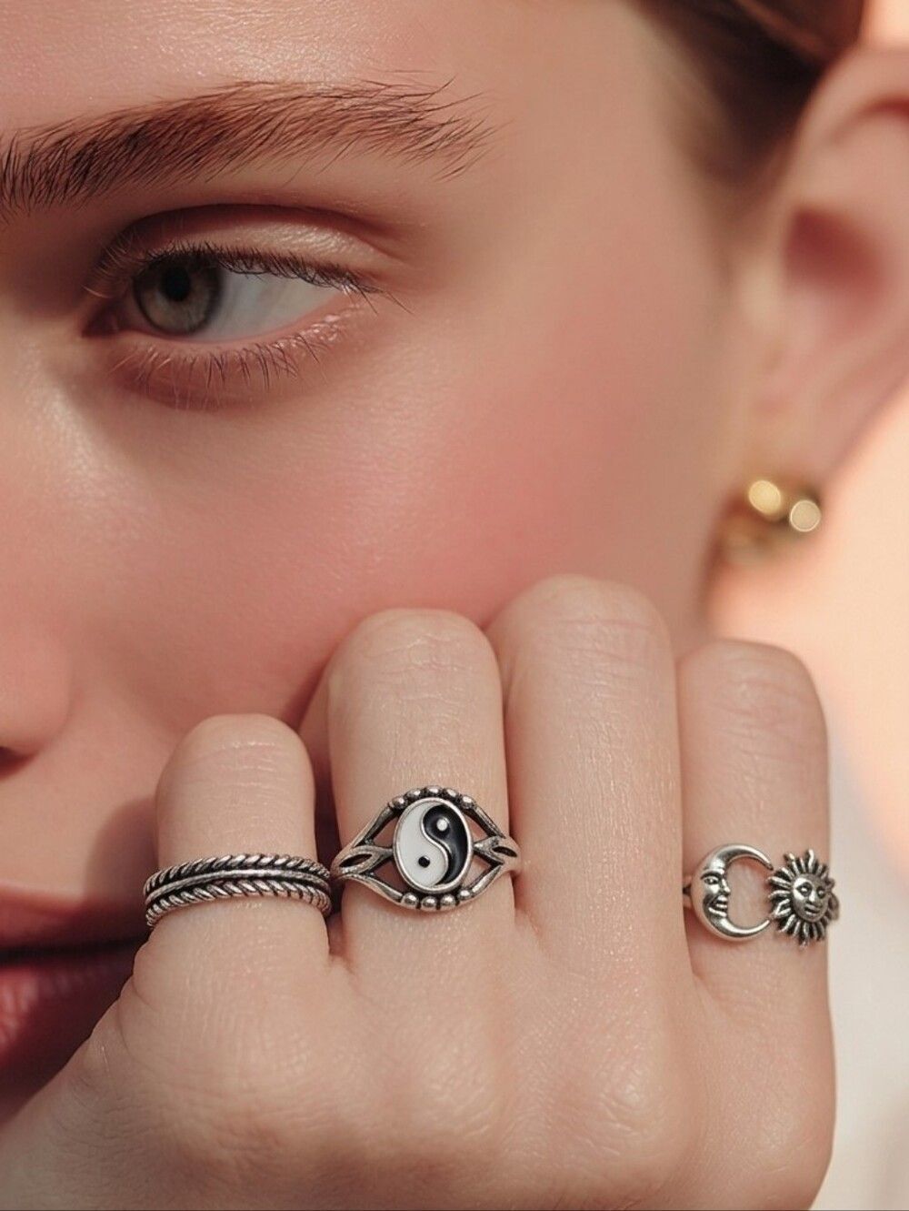 3pc Silver Ring Set Yin Yang Sun Moon Stackable Boho Celestial Adjustable Stack
